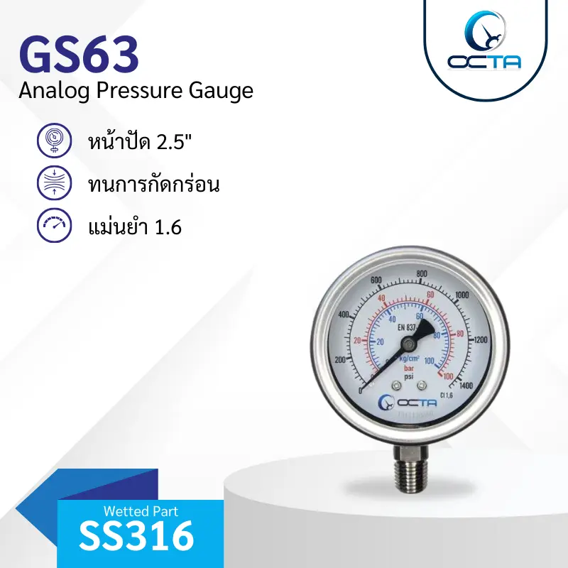 เกจวัดแรงดัน OCTA รุ่น GS63 เกลียวล่าง 2.5" ทนสารเคมี
