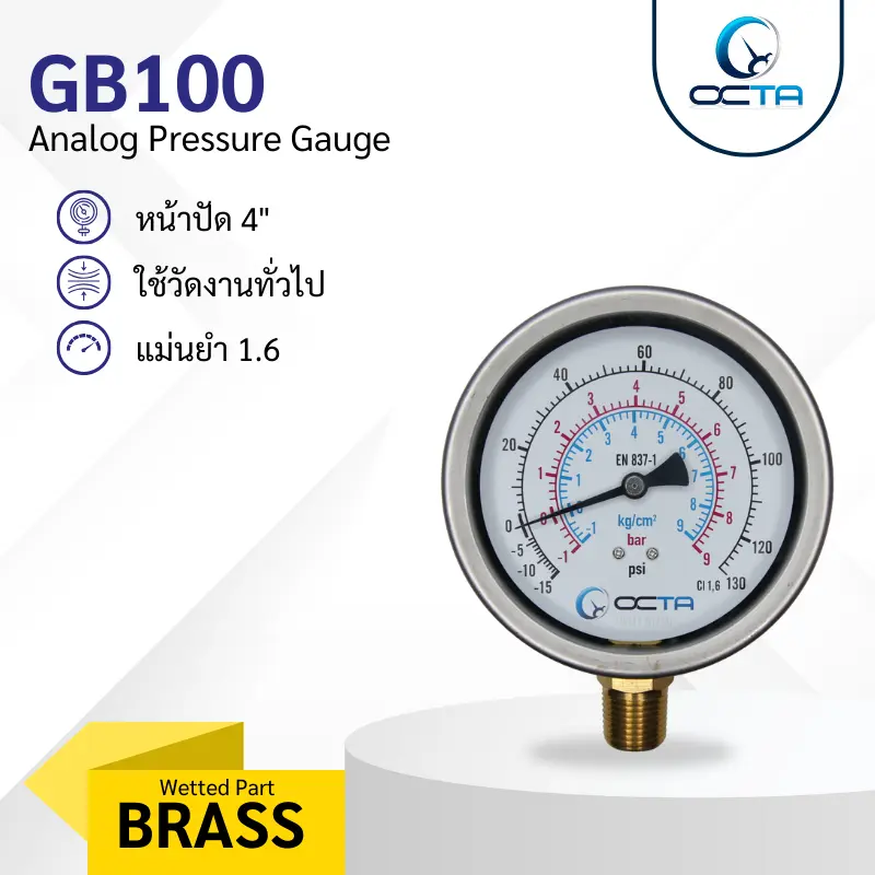 เกจวัดแรงดัน OCTA รุ่น GB100 เกลียวล่าง 4" วัดแรงดันทั่วไป น้ำ ลม